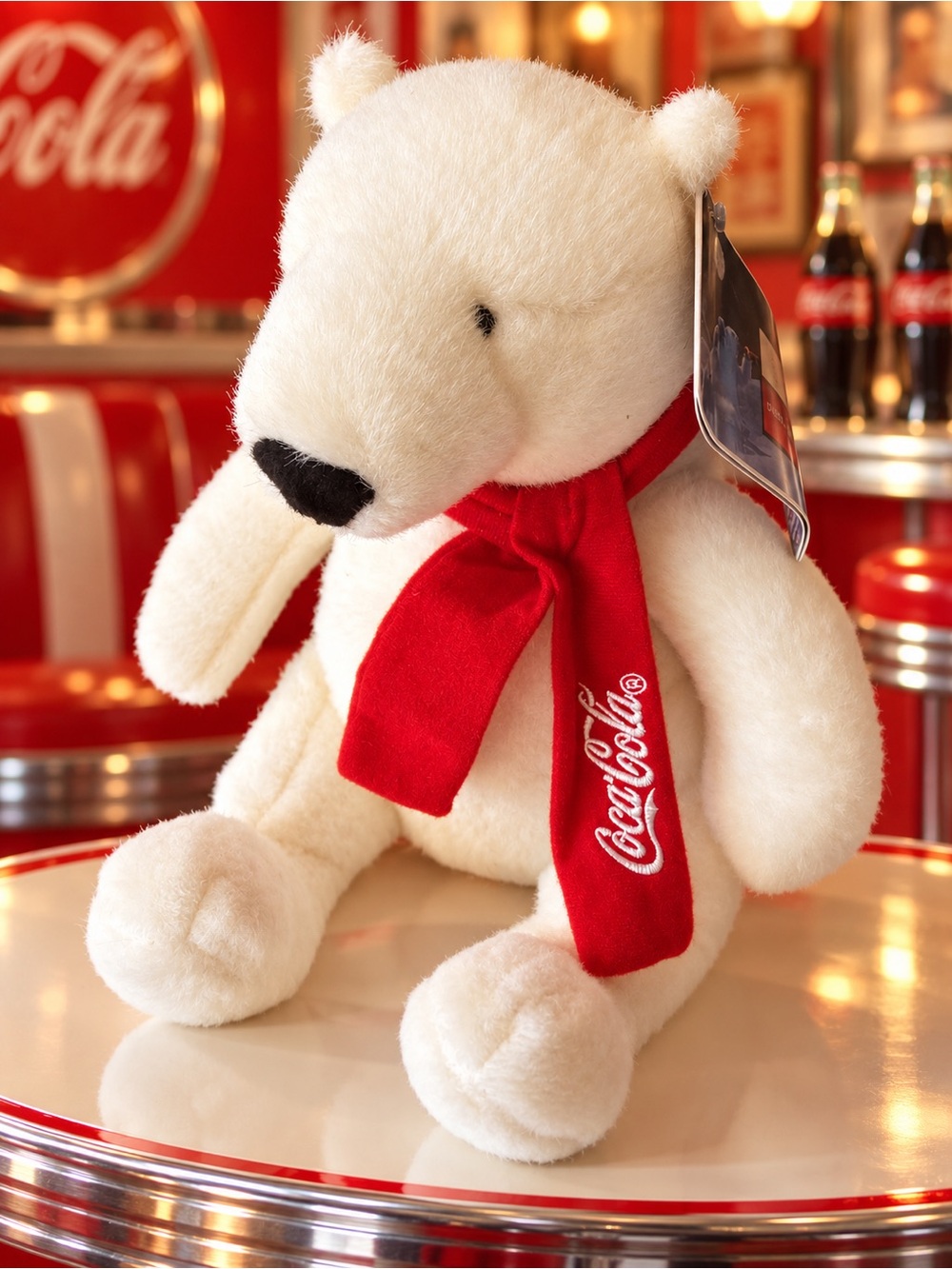 Coca Cola Cream Polar Bear Plush with Red Logo Scarf